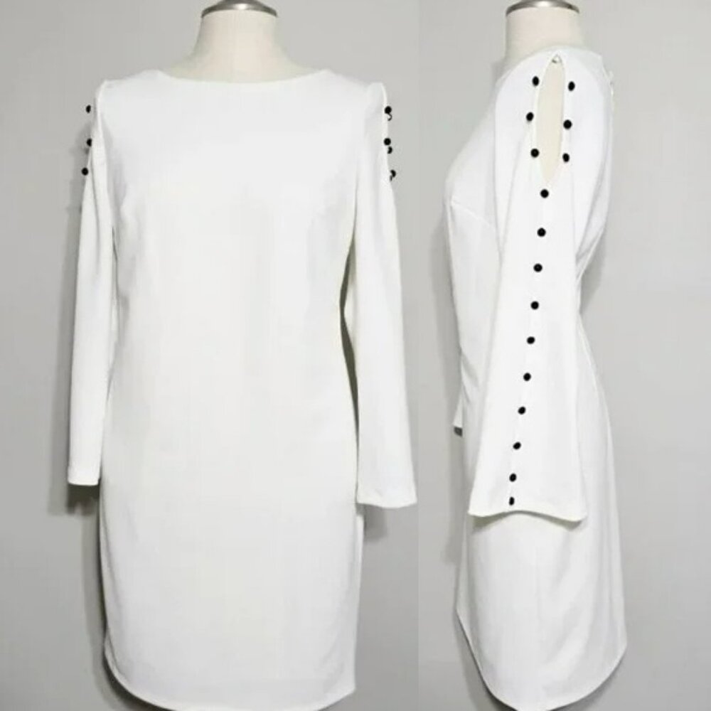 Donna Karan White Crepe Shift Dress L 12 14 Cold Shoulder Bell Sleeve